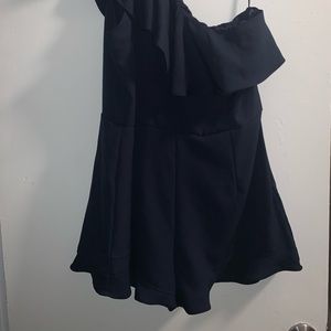 Navy one shoulder ruffle Romper